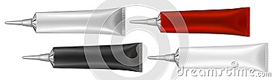 Set of 4 tubes with long nozzle and silver cap. Red, white, black. Cosmetic packaging. Serum or ointment. Gel or cream. Vector ill Vector Illustration
